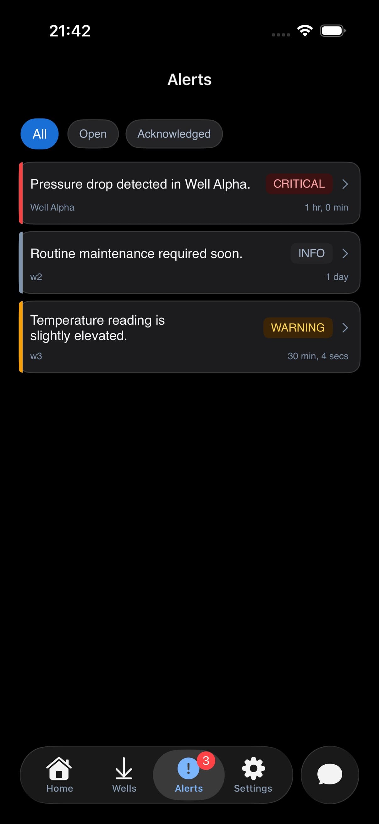 TallyBook Alerts tab with the All filter selected and three mock drilling alerts visible.